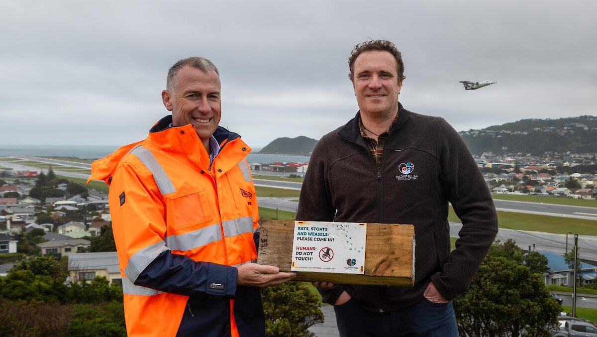 Wellington Airport chief executive Matt Clarke, left, and Predator Free Wellington Project Director James Willcocks.